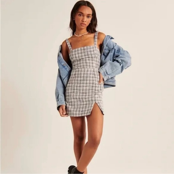 New Abercrombie & Fitch Tweed Grid Square Neck Mini Dress Slit White Black Small - Picture 3 of 7